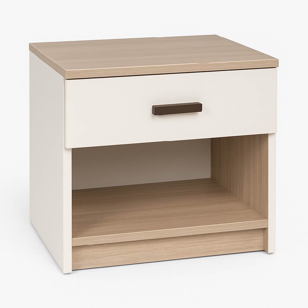 كومود تامارا بتصميم راقي Tamara Luxury Wooden nightstand with a white drawer and light wood top.