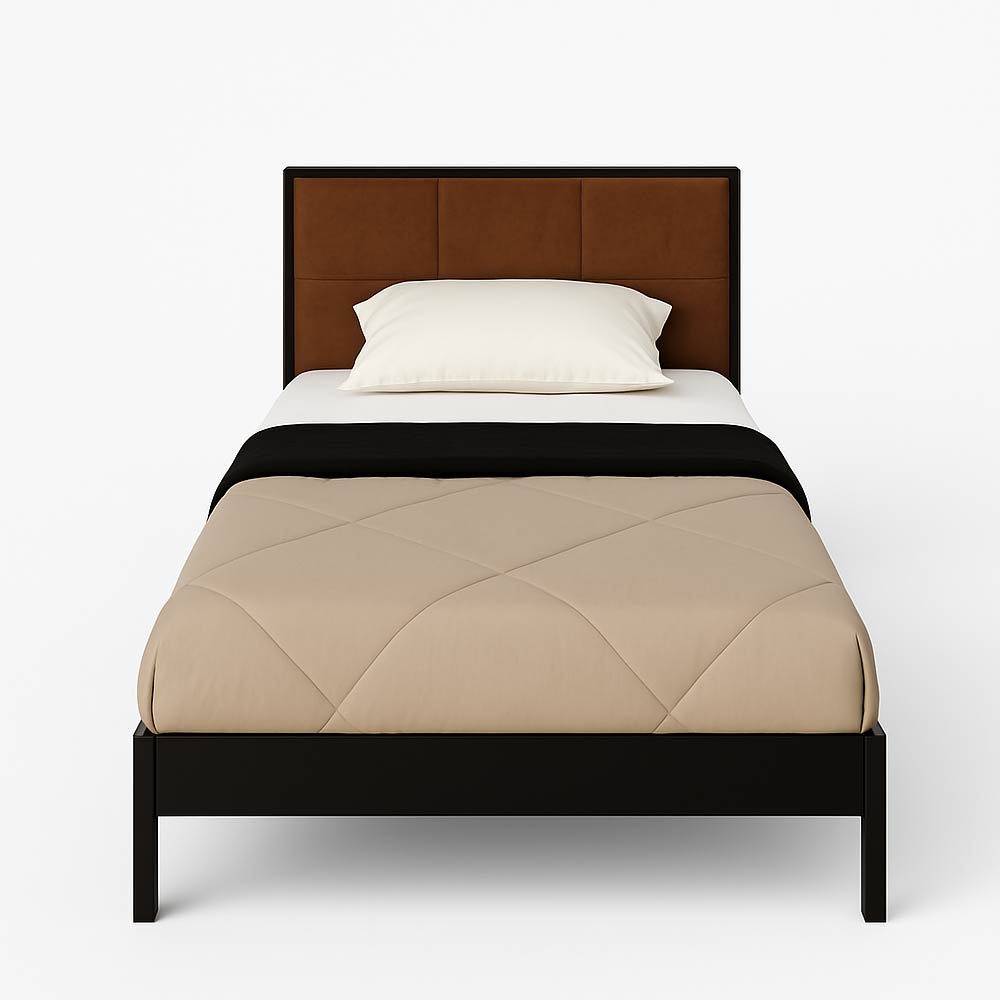 سرير كلارا Clara Bed with brown headboard and beige bedding.