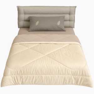 سرير تيمبر Tember Wood Beige bed and pillow with leaf design.