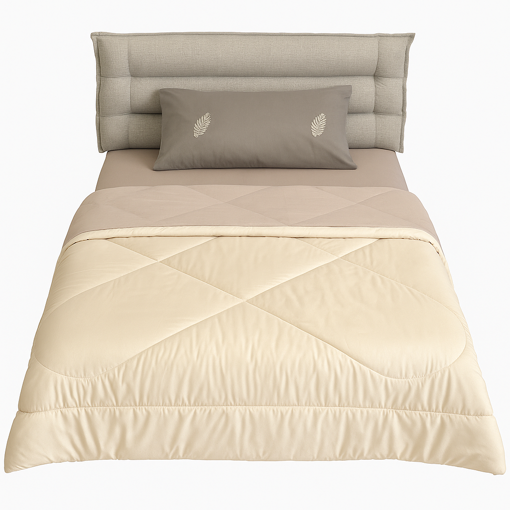 سرير تيمبر Tember Wood Beige bed and pillow with leaf design.
