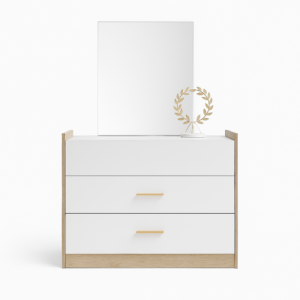 تسريحة مع وحدة أدراج ومرايا - كيرف White Curve dresser with wooden accents and gold handles.