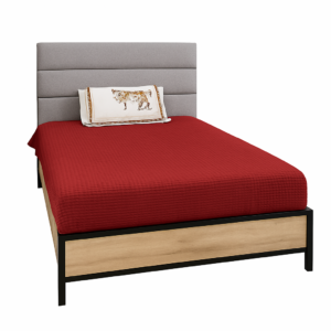 Lego Bed with red bedding and gray headboard