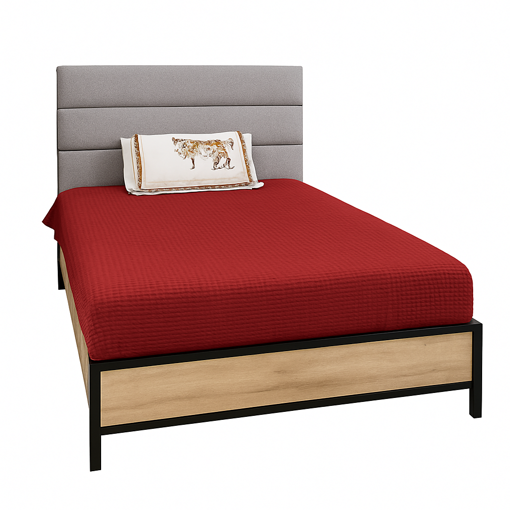 سرير ليجو Lego Bed with red bedding and gray headboard