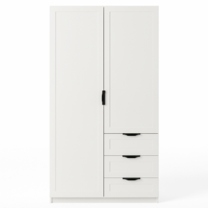 دولاب ميني للمساحات الصغيرة White mini compact storage with black handles.
