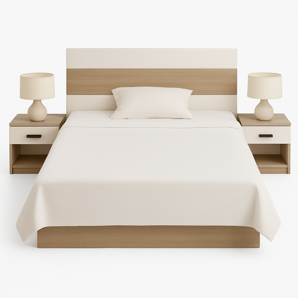 Le Marche Offer "25 Tamara Beige bed with matching nightstands and lamps on a white background