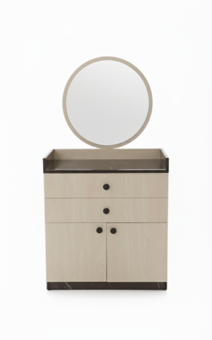 تسريحة مع وحدة أدراج ومرايا - تيمبر Beige Tember Wood dresser with round mirror.