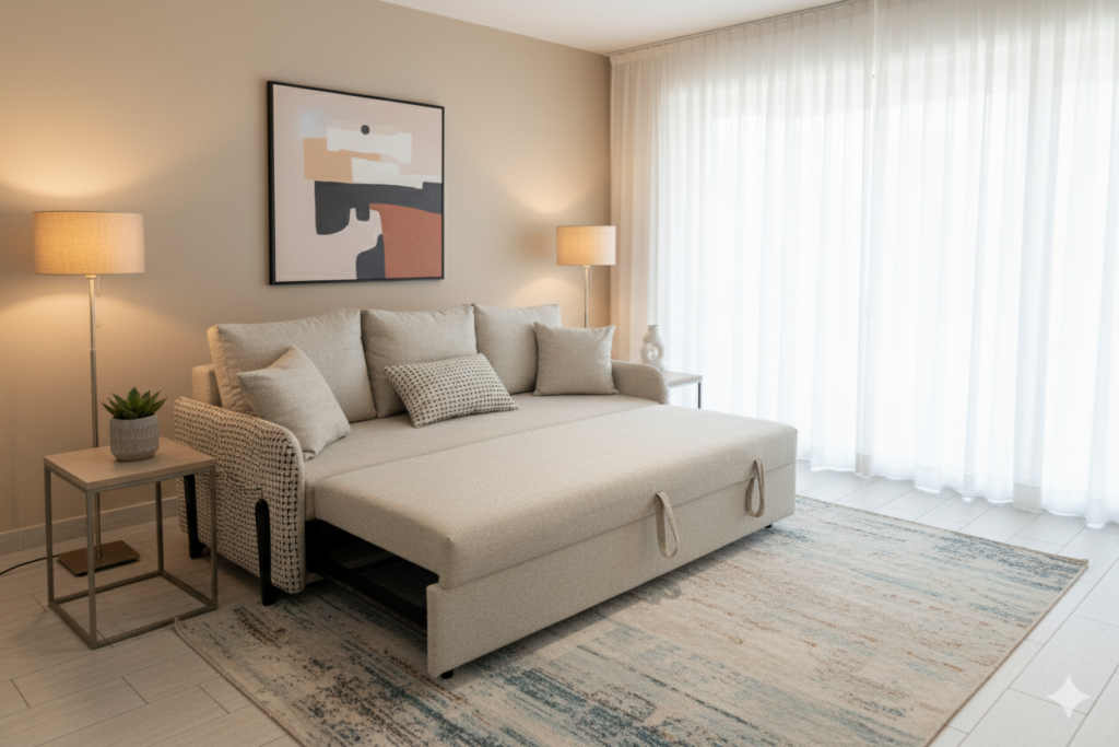 Le Marche Offer "25 Beige Dream sectional sofa bed in a living room with a lamp, side table, and abstract art on the wall.