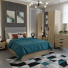Modern Lego bedroom with wooden furniture, teal bedding, and decorative elements.