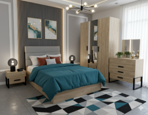 غرفة نوم اطفال ليجو Modern Lego bedroom with wooden furniture, teal bedding, and decorative elements.