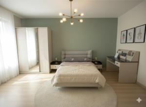 Tember Modern bedroom with a bed, desk, and wardrobe.