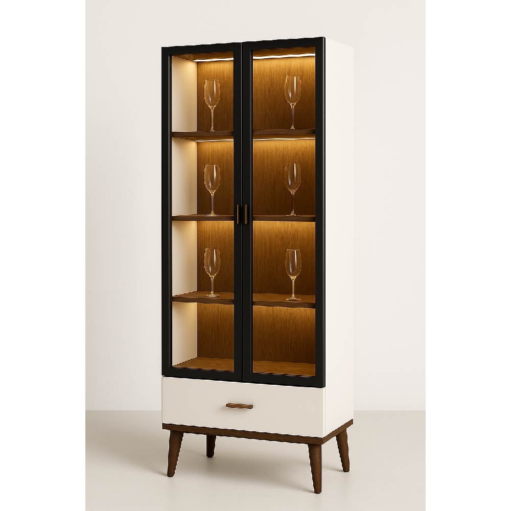 Forest Wood Display Unit Cabinet with glass doors and glasses