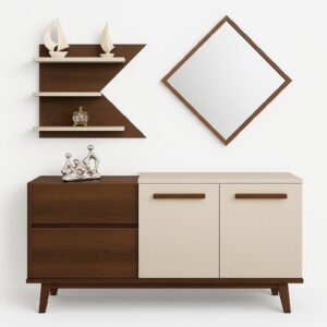 بوفيه فينيسيا Wooden Venicia Modern Buffet Table with decorative items and a mirror