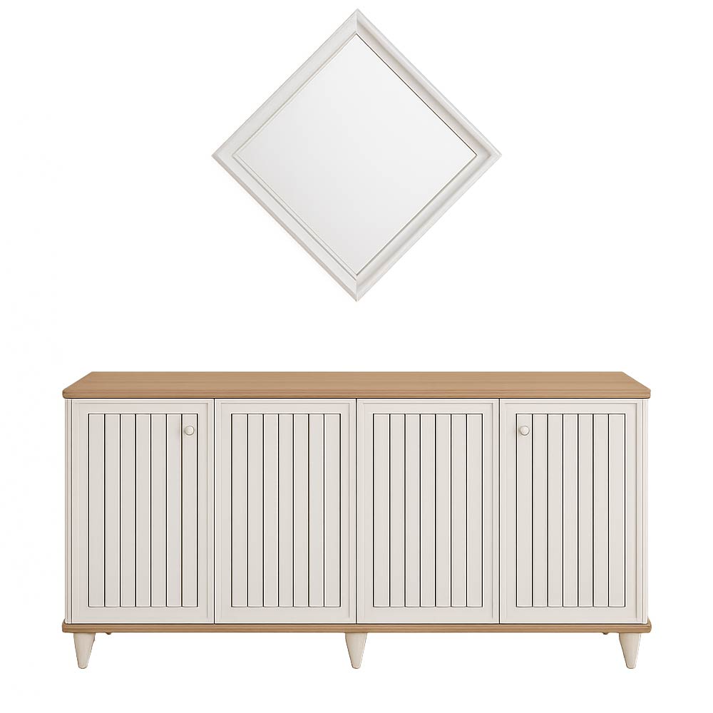 بوفيه وايتي Whity White Storage Buffet Table with wooden top and mirror